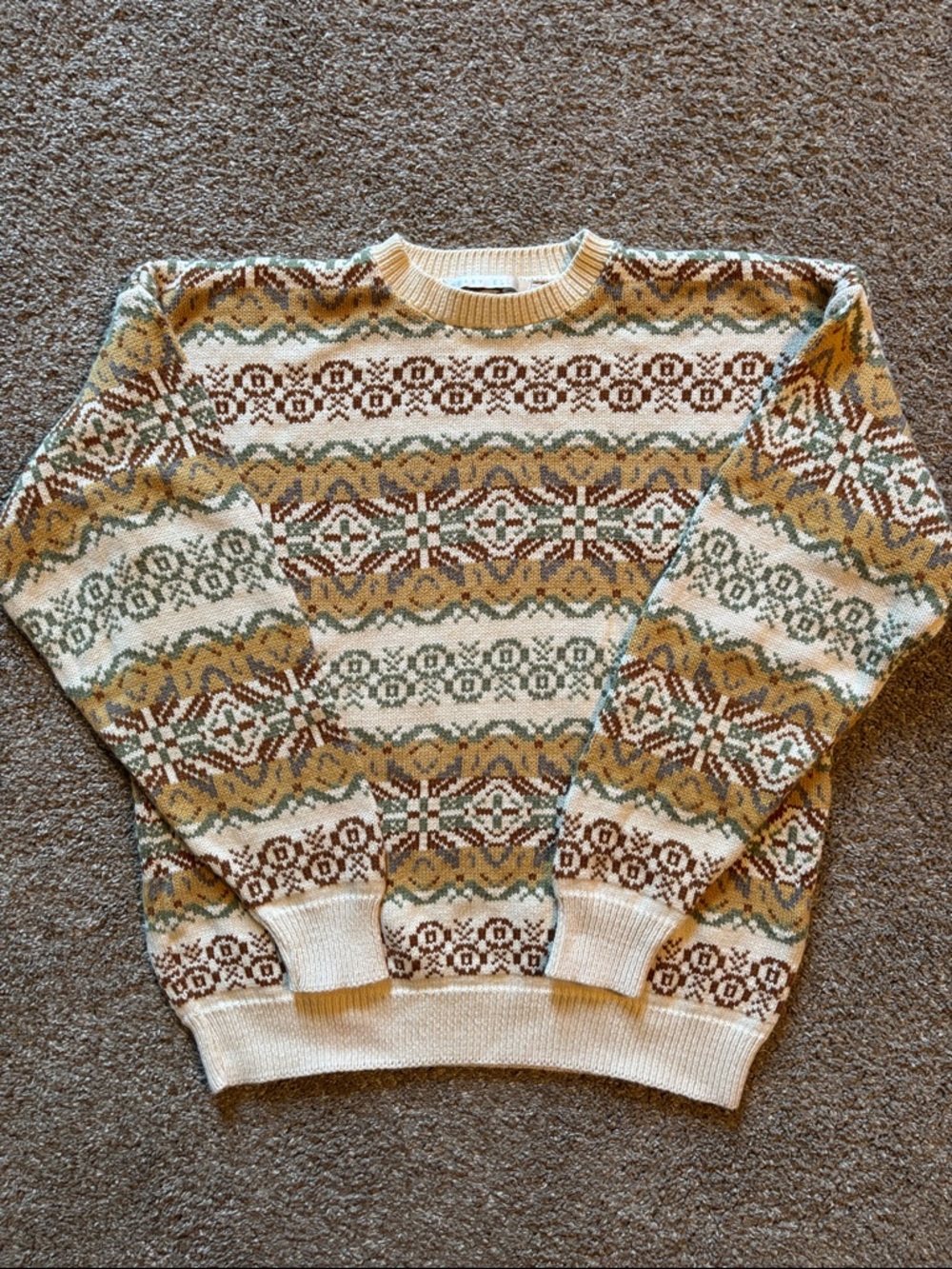Perry Ellis Fair Isle Crewneck Sweater - Cream, Olive & Brown